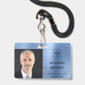 Modern Metallic Blue Company Foto ID Badge (Front with Lanyard)