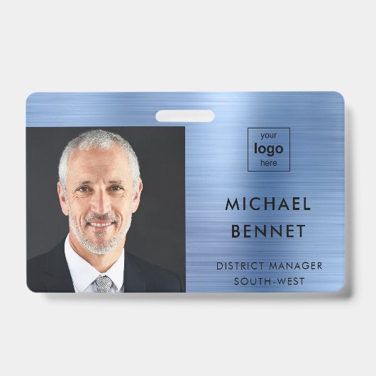 Modern Metallic Blue Company Foto ID Badge (Front)