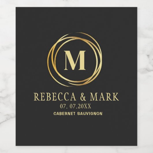 Modern metallic gold circle shape faux monogram wijn etiket (Enkel label)