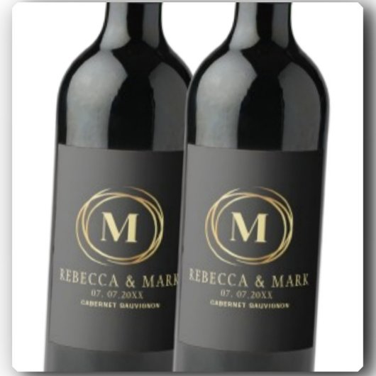 Modern metallic gold circle shape faux monogram wijn etiket