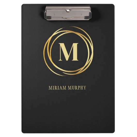 Modern metallic gold circle shape monogram black klembord (Voorkant)