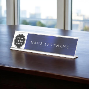 Modern Metallic Navy Blue Name Job Titel Bureau Naambordje