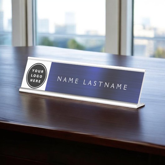 Modern Metallic Navy Blue Name Job Titel Bureau Naambordje