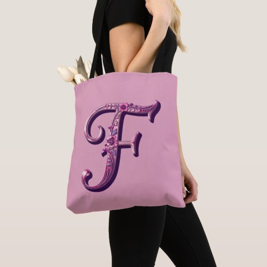 Modern Metallic Rosemaling Letter F, Pink/Purple Tote Bag (Dichtbij)