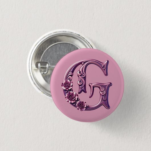 Modern Metallic Rosemaling Letter G, Pink/Purple Ronde Button 3,2 Cm (Voorkant /achterkant)
