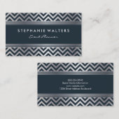 Modern Metallic Silver Chevron en Deep Blue Visitekaartje (Voorkant / Achterkant)