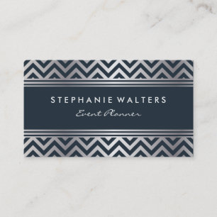 Modern Metallic Silver Chevron en Deep Blue Visitekaartje