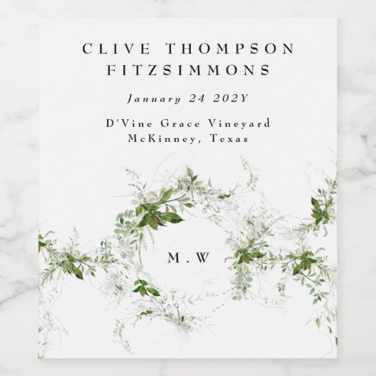 Modern Micro Eucalyptus Wreath Monogram Weddenscha Wijn Etiket (Enkel label)