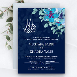 Modern Midnight Blue Floral Islamic Muslim Weduwen Kaart