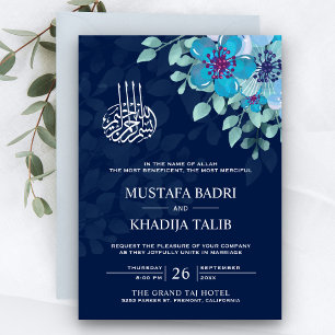 Modern Midnight Blue Floral Islamic Muslim Weduwen Kaart