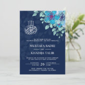 Modern Midnight Blue Floral Islamic Muslim Weduwen Kaart (Staand voorkant)