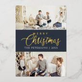 Modern Midnight Blue Fotocollage Kerstmis Folie Feestdagenkaart (Voorkant)