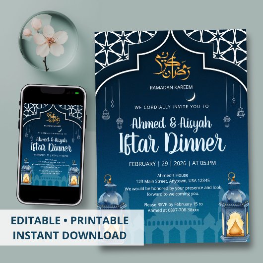 Modern Midnight Blue & Gold Lantern Iftar Kaart