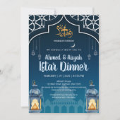 Modern Midnight Blue & Gold Lantern Iftar Kaart (Voorkant)