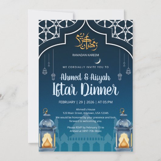 Modern Midnight Blue & Gold Lantern Iftar Kaart (Voorkant)