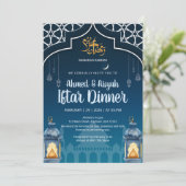 Modern Midnight Blue & Gold Lantern Iftar Kaart (Staand voorkant)