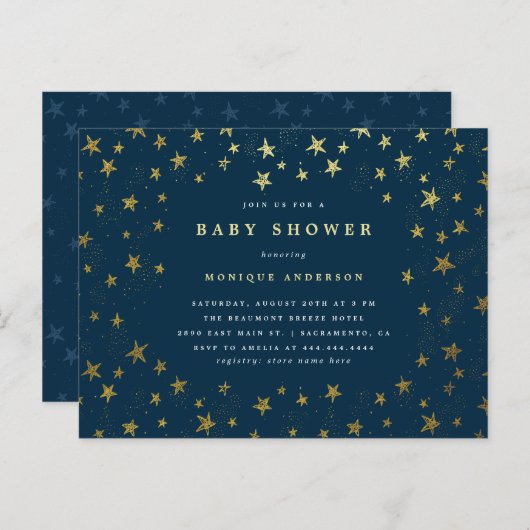 Modern Midnight Blue & Gold Stars Baby shower Uitnodiging Briefkaart (Voorkant / Achterkant)