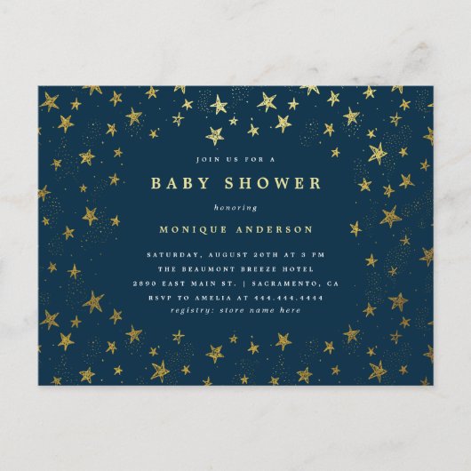 Modern Midnight Blue & Gold Stars Baby shower Uitnodiging Briefkaart (Voorkant)