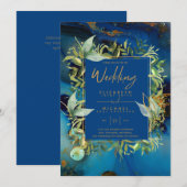 Modern Midnight Blue Greenery Wedding Invites Kaart (Voorkant / Achterkant)