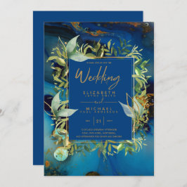 Modern Midnight Blue Greenery Wedding Invites Kaart