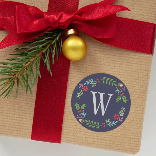 Modern Midnight Blue Monogram Holiday Wreate Ronde Sticker