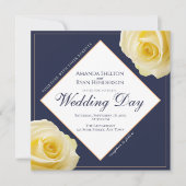 Modern Midnight Blue Yellow Rose Floral Wedding Kaart (Voorkant)