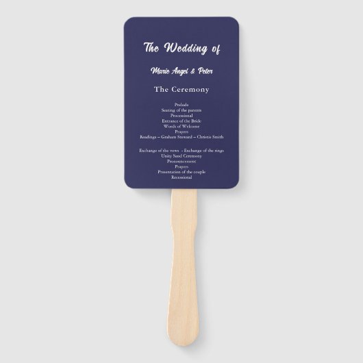 Modern Midnight Navy Huwelijksprogramma Handwaaier (Voorkant)