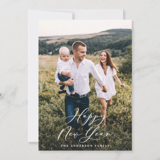 Modern minimaal 1 foto elegant script nieuw jaar feestdagenkaart (Voorkant)