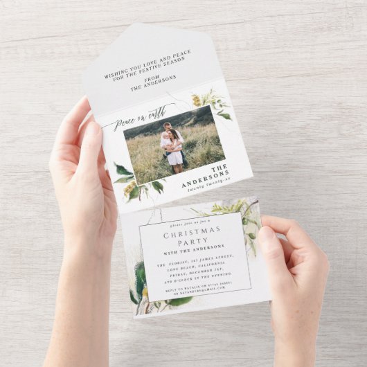 Modern minimaal 1 foto-kerstelegant script Al All In One Uitnodiging (Afscheurbaar)