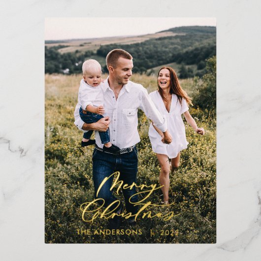 Modern minimaal 1 foto-kerstelegant script F Folie Feestdagen Briefkaart (Voorkant)