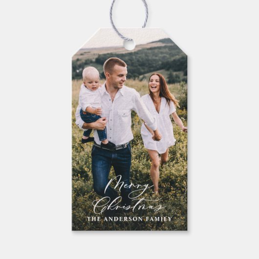 Modern minimaal 1 foto-kerstelegant script Ho Cadeaulabel (Voorkant)