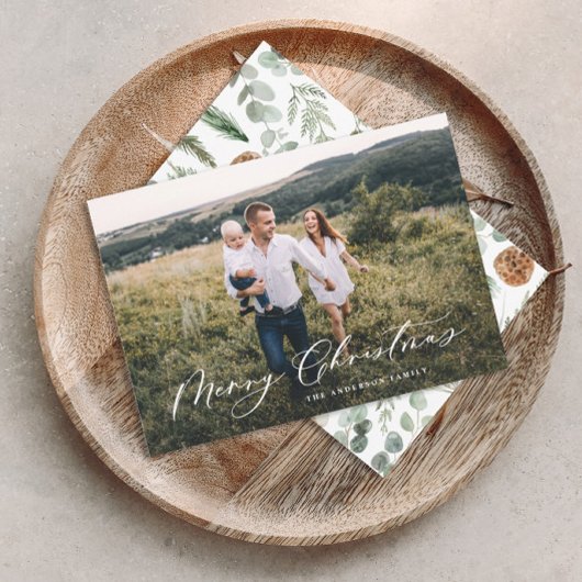 Modern minimaal 1 foto-kerstelegant script Ho Feestdagenkaart