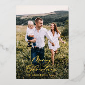 Modern minimaal 1 foto-kerstelegant script Ho Folie Feestdagenkaart (Voorkant)