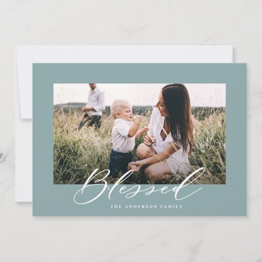 Modern minimaal 1 foto Kerstmis gezegend script Feestdagenkaart (Voorkant)