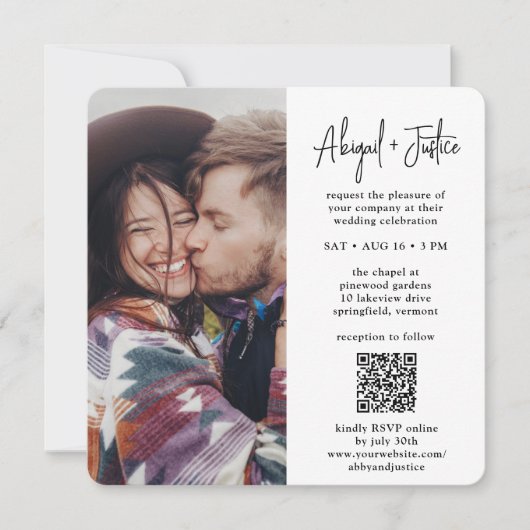 Modern minimaal 2 foto All-in-One QR RSVP bruiloft Kaart (Voorkant)