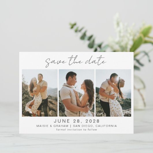 Modern Minimaal 4 Foto Save the Date (Staand voorkant)