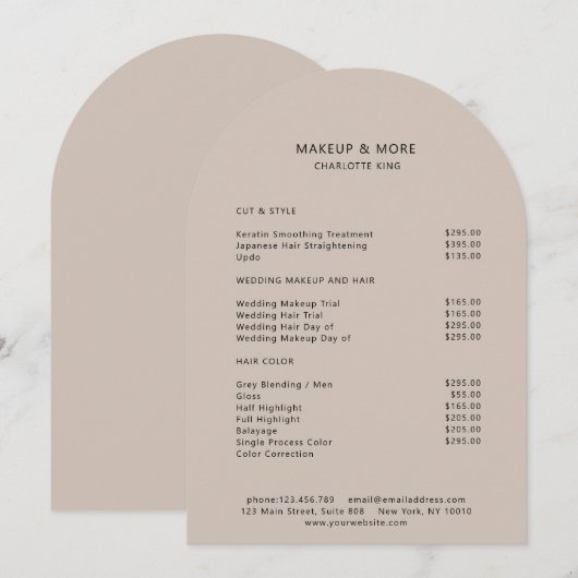 Modern, minimaal, beige-bruin, salon prijslijst kaart (Voorkant / Achterkant)