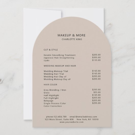 Modern, minimaal, beige-bruin, salon prijslijst kaart (Voorkant)