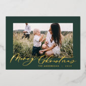 Modern minimaal bladbladfotoscript elegant groen folie feestdagenkaart (Voorkant)