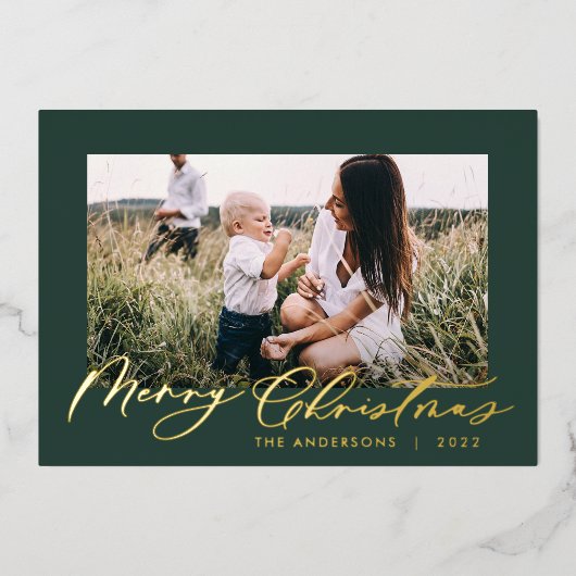 Modern minimaal bladbladfotoscript elegant groen folie feestdagenkaart (Voorkant)