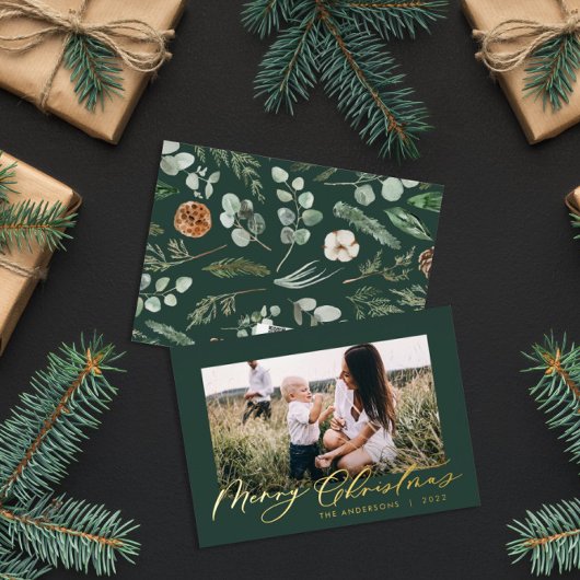 Modern minimaal bladbladfotoscript elegant groen folie feestdagenkaart