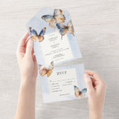Modern minimaal blauw & roest vlinders diner all in one uitnodiging (Afscheurbaar)