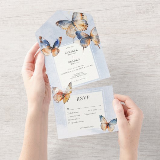 Modern minimaal blauw & roest vlinders diner all in one uitnodiging (Afscheurbaar)