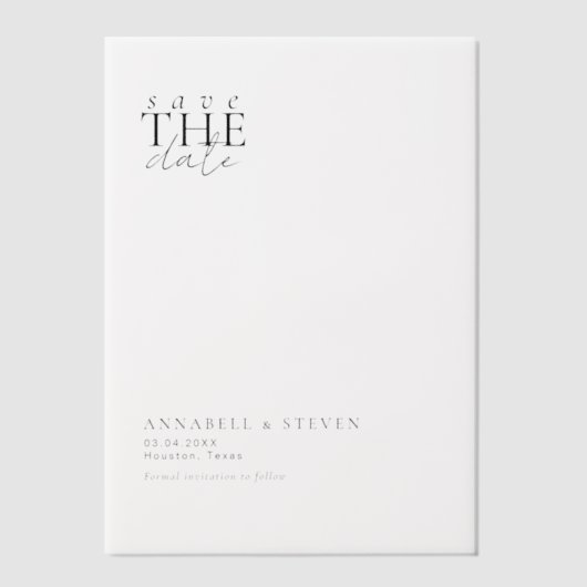 Modern, minimaal, bruiloft, Save the Date Vellum Uitnodigingen (Voorkant)