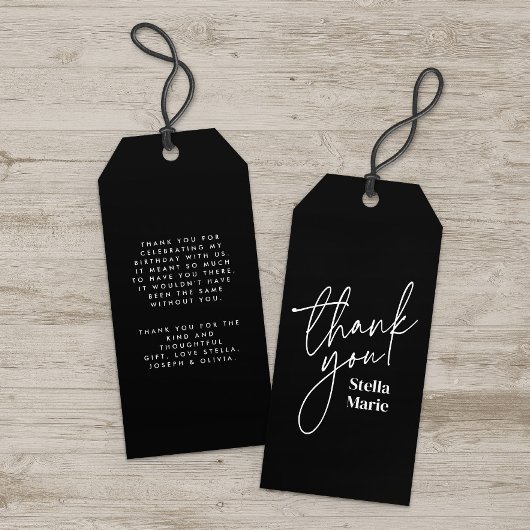 Modern minimaal eenvoudig script zwart wit dank u cadeaulabel