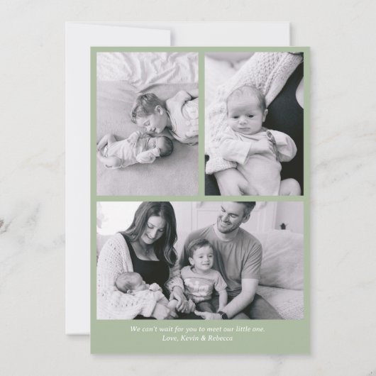 Modern minimaal Elegant Sage Green Pasgeboren Baby Aankondiging (Achterkant)