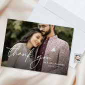 Modern minimaal elegant script twee foto's bruilof bedankkaart