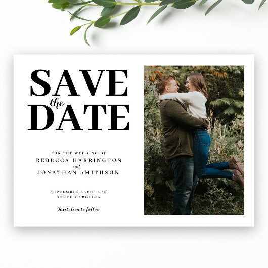 Modern Minimaal Elegant Zwart Wit Foto Bruiloft Save The Date