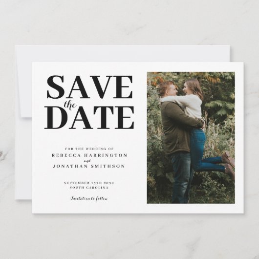 Modern Minimaal Elegant Zwart Wit Foto Bruiloft Save The Date (Voorkant)