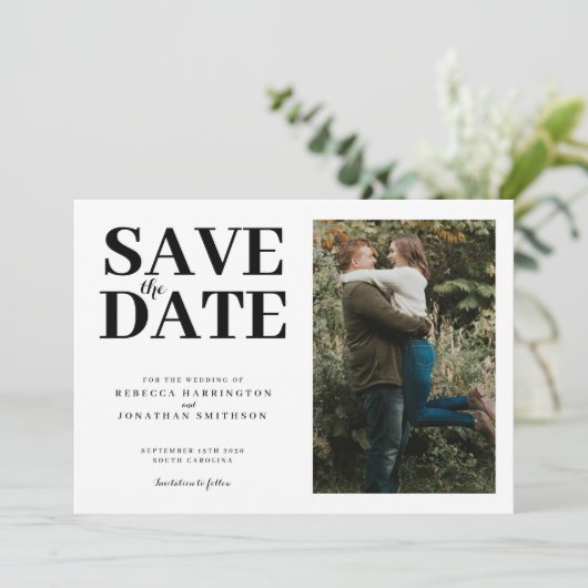 Modern Minimaal Elegant Zwart Wit Foto Bruiloft Save The Date (Staand voorkant)